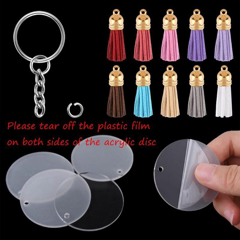 90Pcs Acrylic Clear Circle Discs Keychain Set Round Acrylic Key Chain Blanks DIY Charms Chain Jewelry Gift
