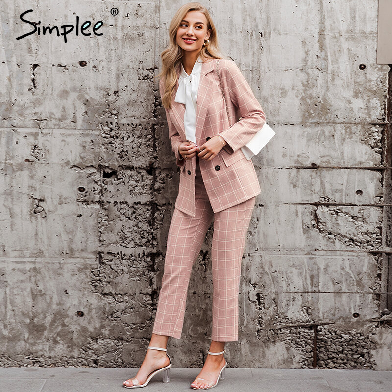 Simplee-Conjunto de blazer a cuadros para mujer, blazer de manga larga con doble botonadura y pantalones, conjunto de dos piezas para oficina, color rosa