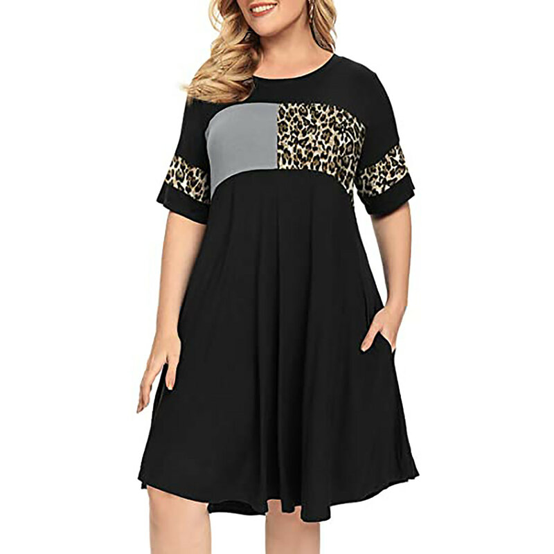 Kleider Für Frauen 2021 Sommer Kleid Plus Größe Sexy Spleißen Roben Soild Leopard Kurzen Ärmeln Oansatz Robe Femme
