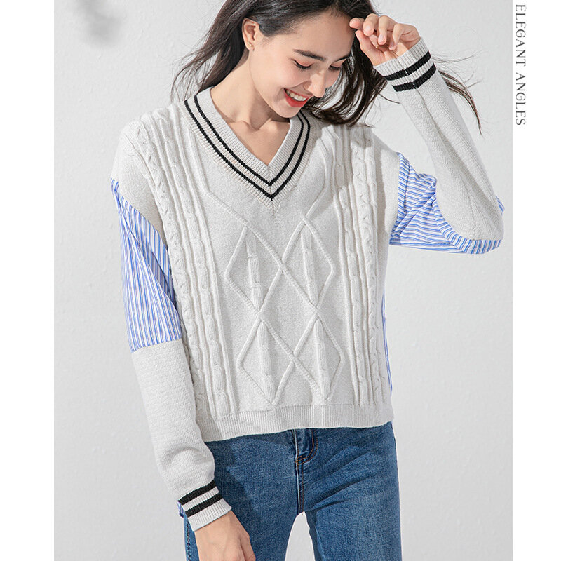 Suéter de punto con cuello en V para mujer, jersey de manga larga con retales a rayas en la espalda, suéter de punto, camisa holgada coreana estilo Ins de invierno