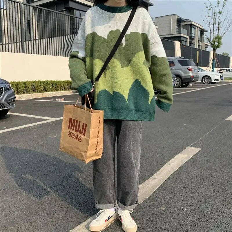 Mingliusili estilo coreano camisola de malha feminina outono inverno moda impressão pulôver manga longa o-pescoço solto blusas casuais