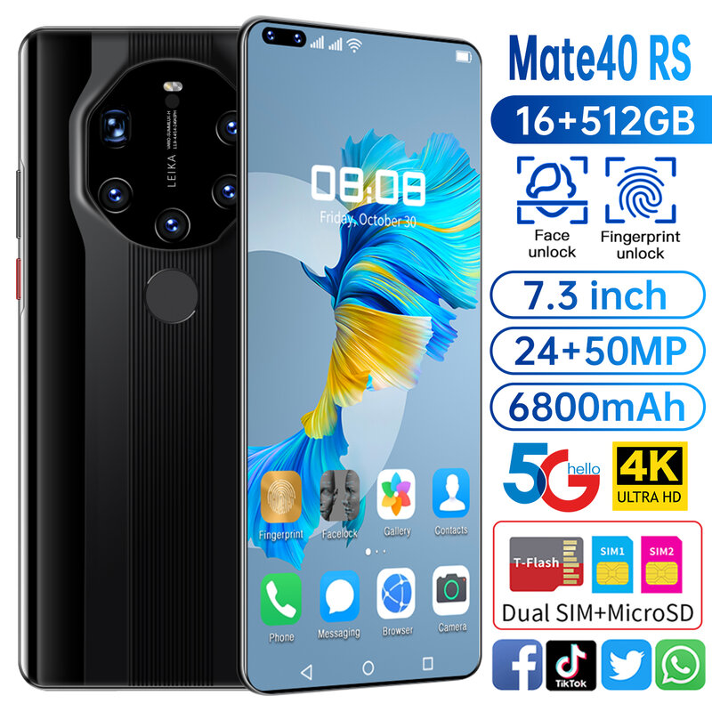 Смартфон Mate40 RS, новая модель смартфона, 16 ГБ, 512 ГБ, Android 10, разблокированный, 6800 мАч, Snapdragon 888, функция распознавания лица