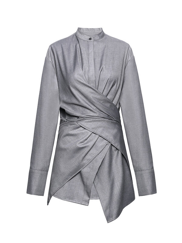 블라우스 여성 여성 2021 새로운 가을 긴 소매 셔츠 불규칙한 디자인 코트 그레이 칙 탑