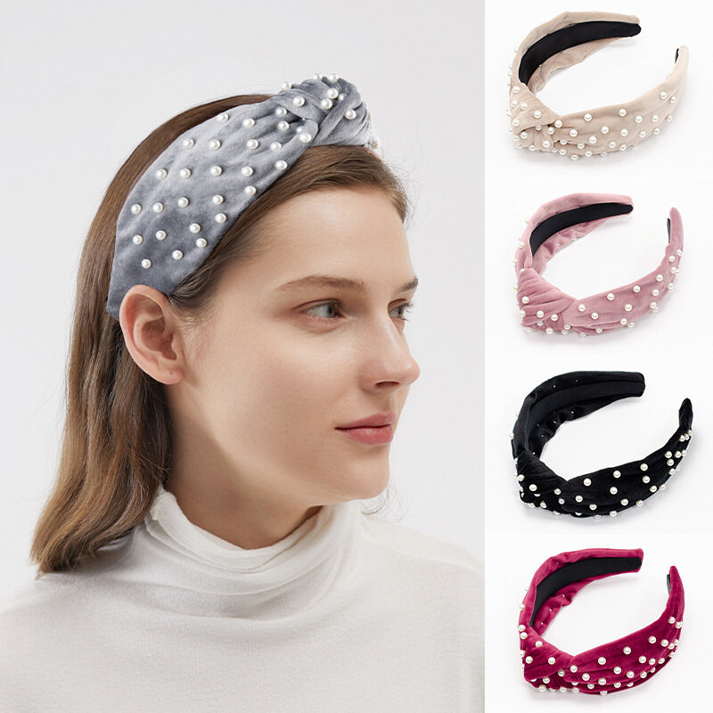 MueRaa moda aksamitne perły Bezel Hairband dla kobiet dziewczyn pałąk jednolity kolor krzyż pani akcesoria do włosów nakrycia głowy Hairhoop
