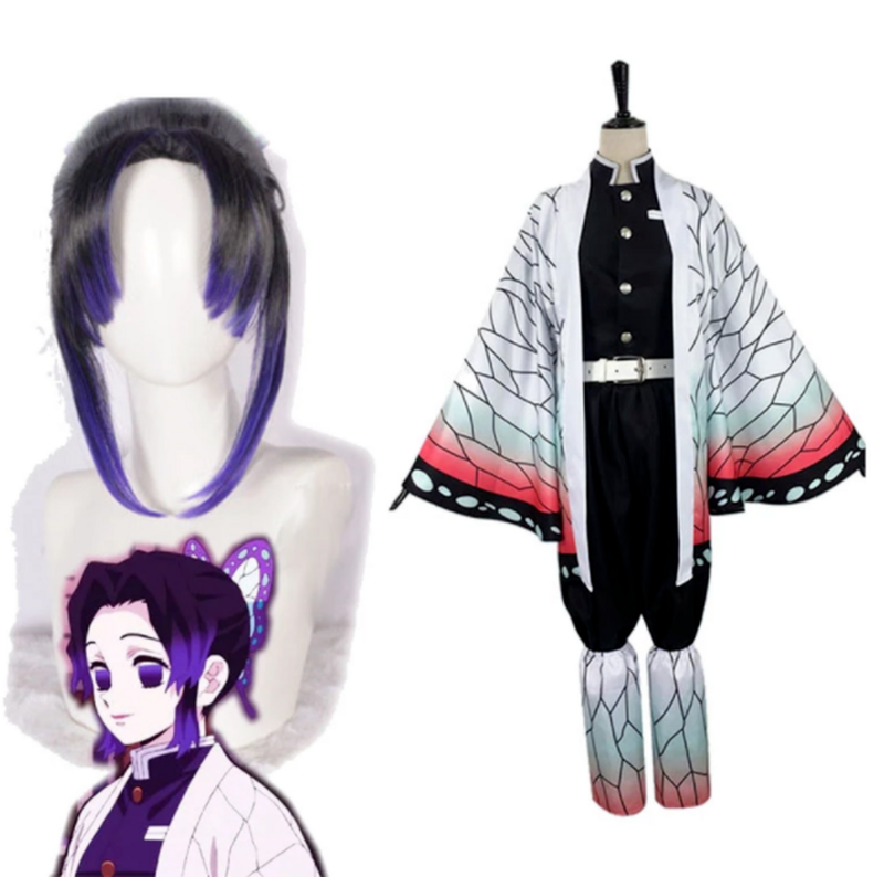 Kochou Shinobu Cosplay Costume Demon Slayer Kimetsu no Yaiba Kimono and Wigs Headwears Adult Unisex Halloween Costume Womens