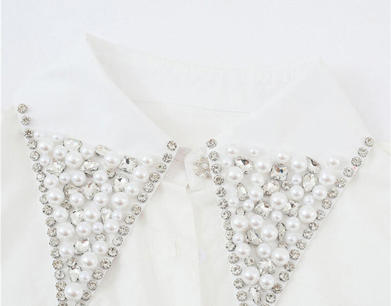 EAM-blusa holgada de manga larga para primavera y otoño, camisa blanca con estampado de diamantes de imitación para mujer, 1DD4510, 2021