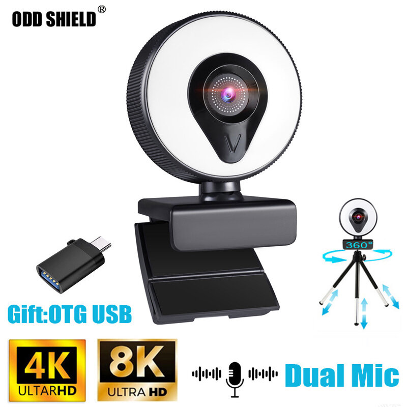Webcam Full HD 1080P 2K 4K 8K, caméra USB avec Microphone et éclairage annulaire, pour ordinateur portable