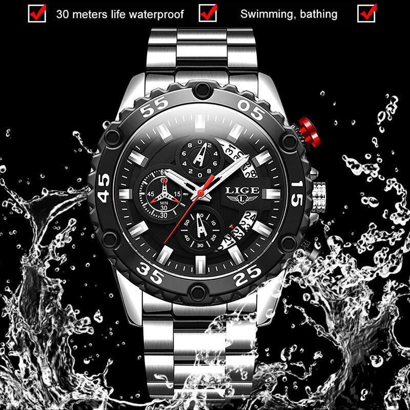 LIGE-Reloj de cuarzo deportivo para hombre, cronógrafo de pulsera, de moda, resistente al agua, con fecha y esfera grande, acero completo, nuevo, 2020