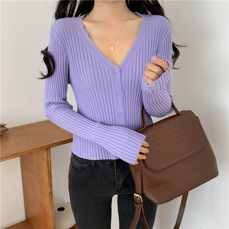 CMAZ Autumn Women's Knitted Sweater Button Up Cardigan Crop Tops Long Sleeve Casual Slim Coats Outwear Women Knitwear 124#