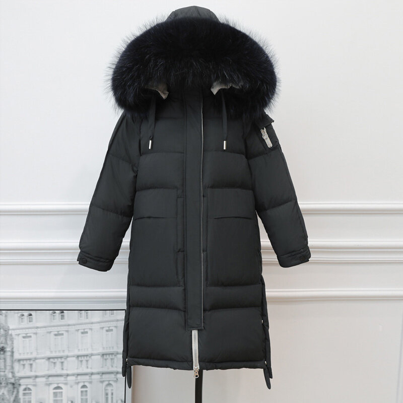 Parka de plumón de pato para mujer, abrigo largo con capucha y cuello de piel de zorro Natural Real, chaqueta gruesa para el invierno, 90%