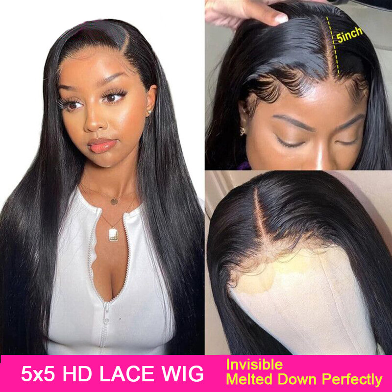 Perruque Lace Frontal wig malaisienne naturelle, cheveux lisses, pre-plucked, 4x4 5x5, 13x4, 150% de densité, pour femmes