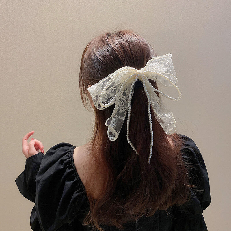 Grampo de cabelo de renda branca preta coreano, laço de pérola, acessórios para cabelo, joias simples estilosas femininas, presente para garotas
