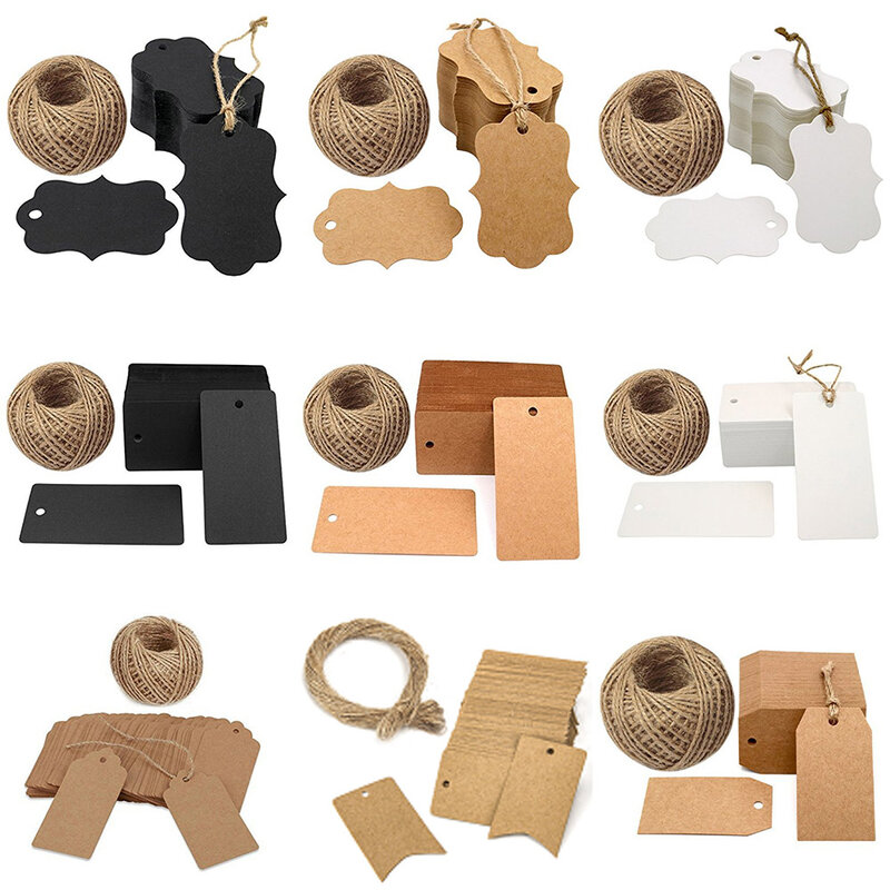 100-300Pcs Natural Kraft Paper Handmade Blank label With Jute Twine Gift Tags For Price Garment Tags DIY Crafts Stationery Tags