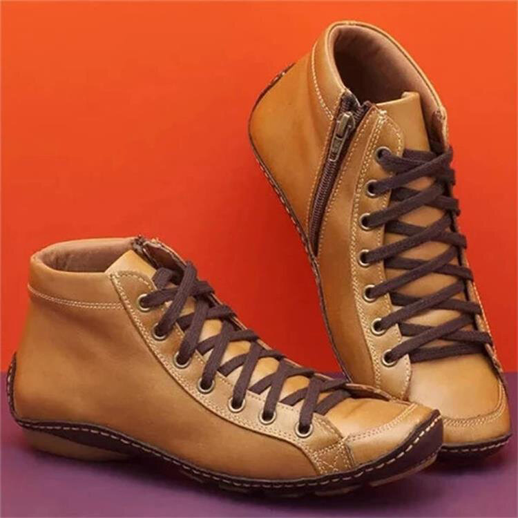 2020 outono casual botas de couro feminino absorção de choque saltos baixos laço-up lado zíper retro tornozelo botas tamanho grande