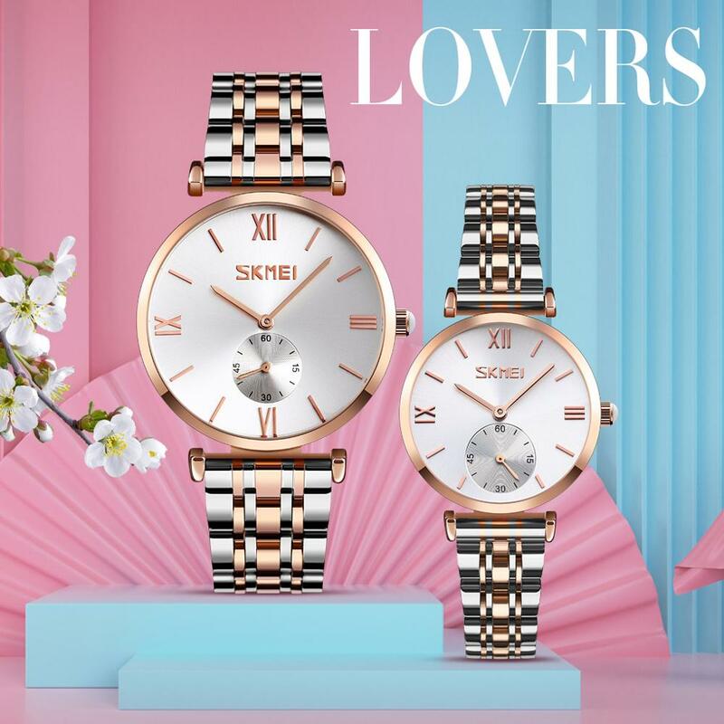 Moda SKMEI de acero inoxidable de lujo relojes pareja pulsera de las mujeres de los hombres de negocios de reloj de cuarzo elegante reloj Relogio Masculino
