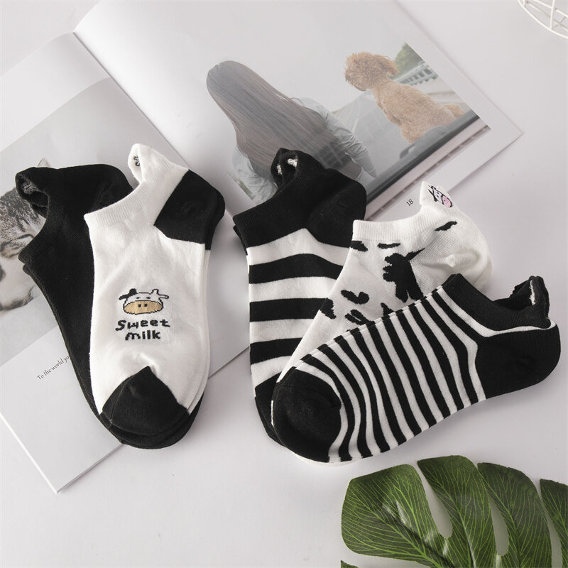 Striped Socks Funny Cow Print White Cartoon Comfortable Socks Cute Animal Kawaii Happy Socks