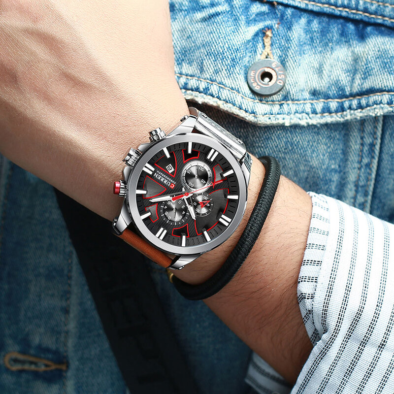 Curren Chronograph-Męski zegarek na rękę ze skórzanym paskiem, zegarki kwarcowe, moda, prezenty dla mężczyzn