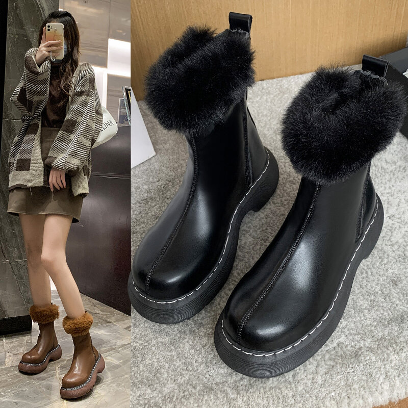 مثير المرأة الشتاء الأحذية 2021 جديد الموضة الفراء أفخم الثلوج الأحذية للنساء بولي Leather جلد أسود Borwn حذاء من الجلد الإناث مصمم