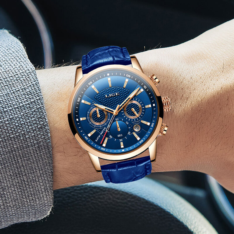 2022 männer Uhr LIGE Top Marke Blau Leder Chronograph Wasserdichte Sport Automatische Datum Quarz Uhren Für Herren Relogio Masculino