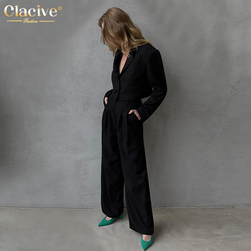 Clacive – ensemble deux pièces noir et pantalon large pour femme, décontracté, élégant, taille haute, à la mode, Blazer, hiver