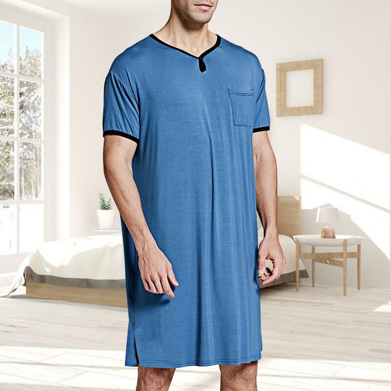 2021 New Fashion Men Short Sleeve O Neck Pocket Nightdress Loose Knee-length Nightgown Homewear