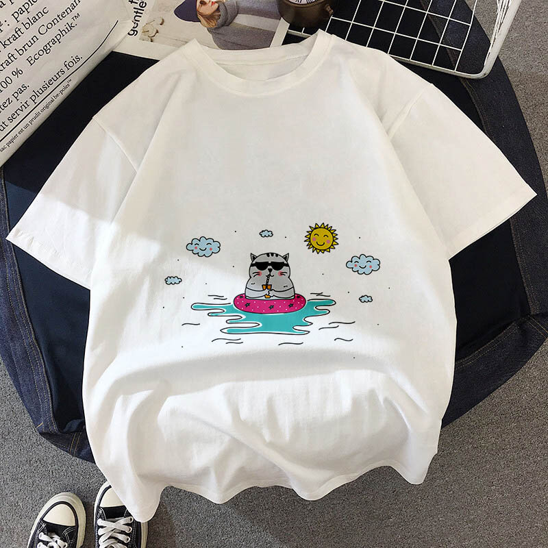 Camiseta de gato gordo kawaii, para crianças, nova moda verão, fina, hipster, meninas, roupas, bal541