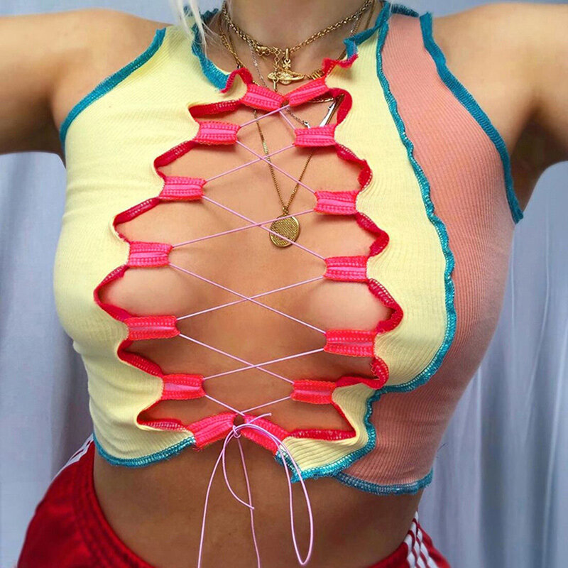 Kobiety Sexy Hollow Out bluzka sznurowana typu Crop Top kobiet bez rękawów Clubwear podkoszulki Camisole Patchwork Crop Top na imprezę