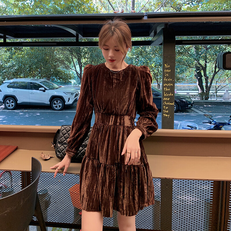Hebe & Eos-vestido de terciopelo negro Vintage para mujer, prenda elegante de manga larga y cuello redondo, Vestido corto de fiesta coreano para otoño e invierno, 2021