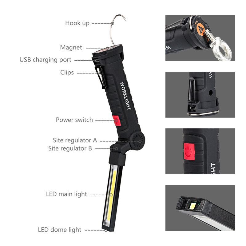Cob portátil led lanterna recarregável usb luz de trabalho magnético lanterna pendurado lâmpada com bateria embutida tocha de acampamento