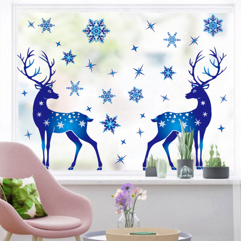 Christmas Window Glass Sticker Elk Snowflake Wall Stickers Xmas Decorations For Home Kids Room Christmas Decals New Year Navidad