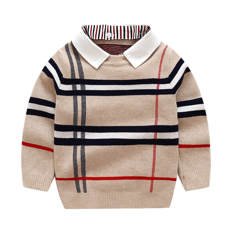 1-8T Toddler Kid Boy Clothes Autumn Winter Warm pullover Top Long Sleeve Plaid Sweater Girl Fashion Knitted Gentleman Knitwear
