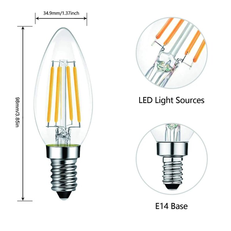 Bombilla LED superbrillante C35 E14, filamento de luz de vela E14, 220V, 4W, 6W, Vintage, Edison, para candelabro, blanco frío/cálido