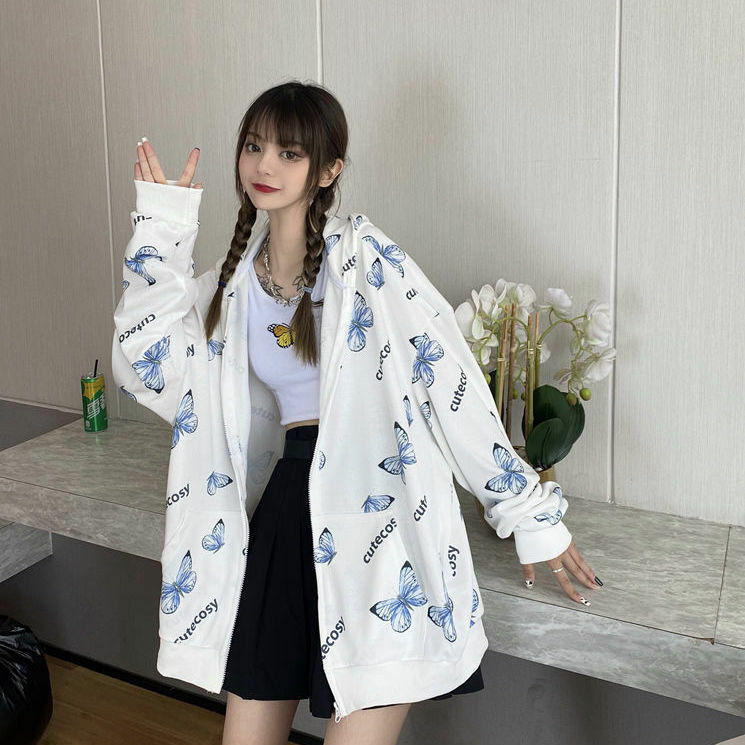 Chaqueta con capucha de mariposa Harajuku para mujer, sudadera con cremallera, sudaderas de gran tamaño, prendas de vestir exteriores de talla grande, primavera 2021