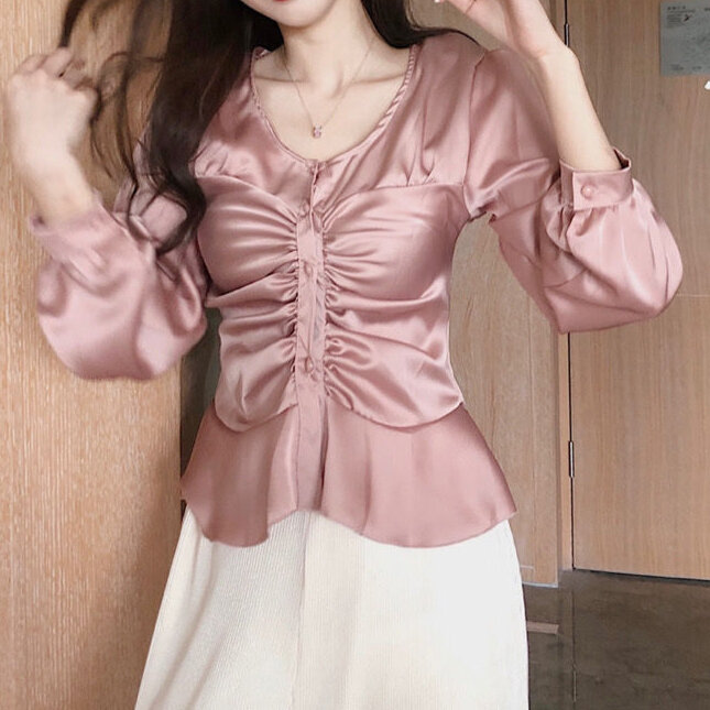 Женская приталенная рубашка, блузка с V-образным вырезом и рукавами-фонариками, в дворцовом Корейском стиле, весна-осень 2021