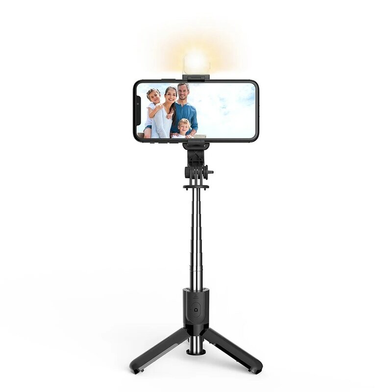 FANGTUOSI Super Mini Bluetooth Selfie Stick Tripod Monopod Lipat dengan Rana Remote Fill Light untuk Telepon Iphone