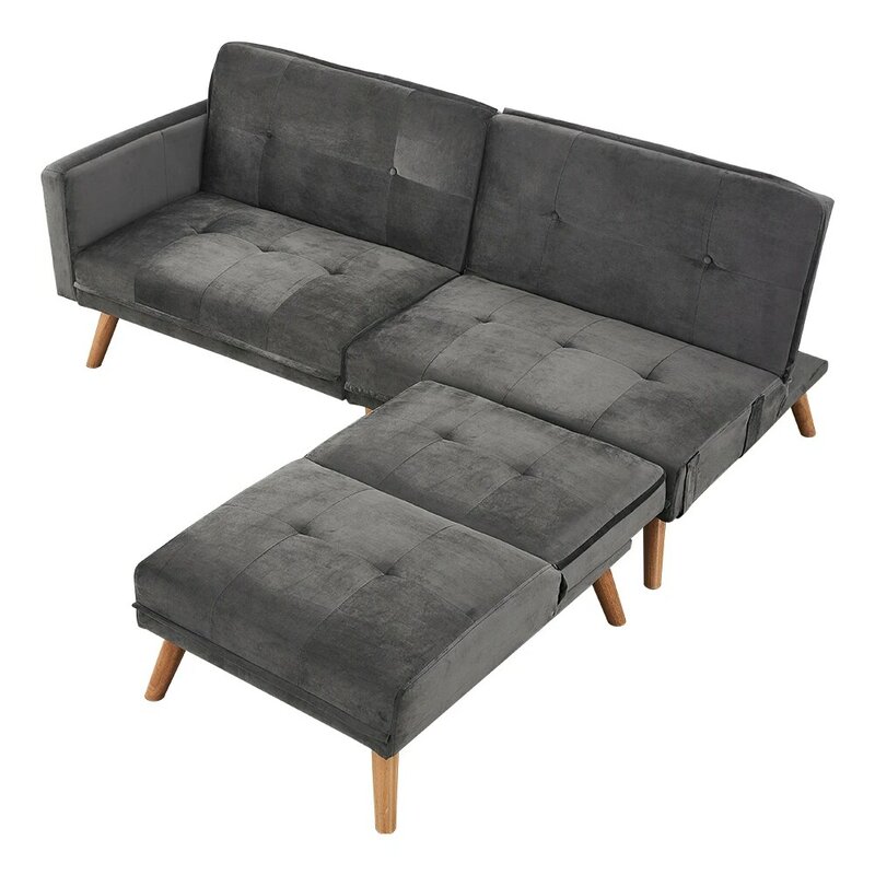 Panana Soft Velvet 3 Seater Corner Sofa Bed With Footstool Wooden Legs Multi-combination Grey