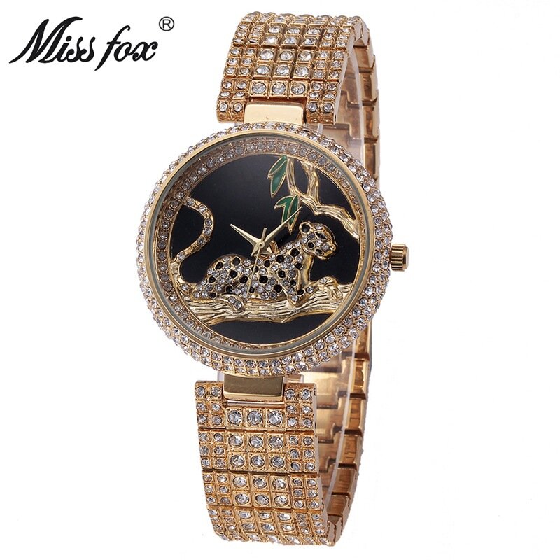 Panna lisa luksusowy zegarek kobiety Rhinestone wodoodporny Bu Relogio Feminino Dourado Leopard stal nierdzewna pełna diament Horloge Dames