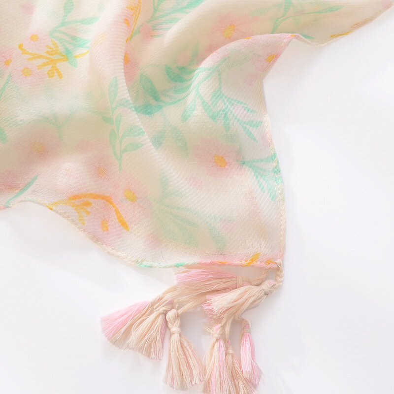 Literary and Artistic Fresh Pink Green Printed Silk Scarf Soft Breathable Cotton and Linen Feel Big Gauze Scarf Handmade Tassel