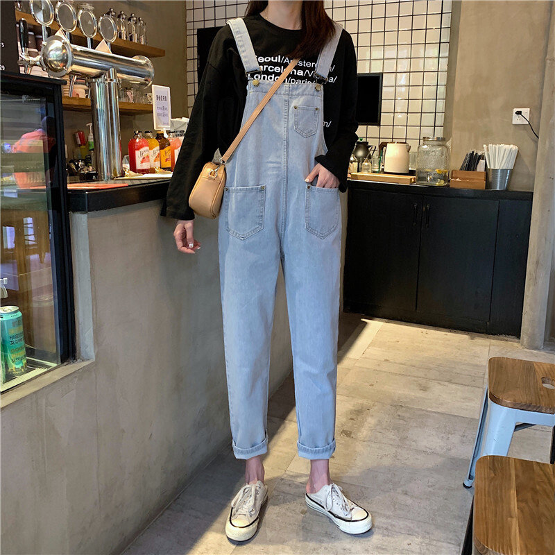 Джинсовые брюки на подтяжках в Корейском стиле для женщин, весенний свободный стройнящий студенческий комбинезон большого размера на лямк...