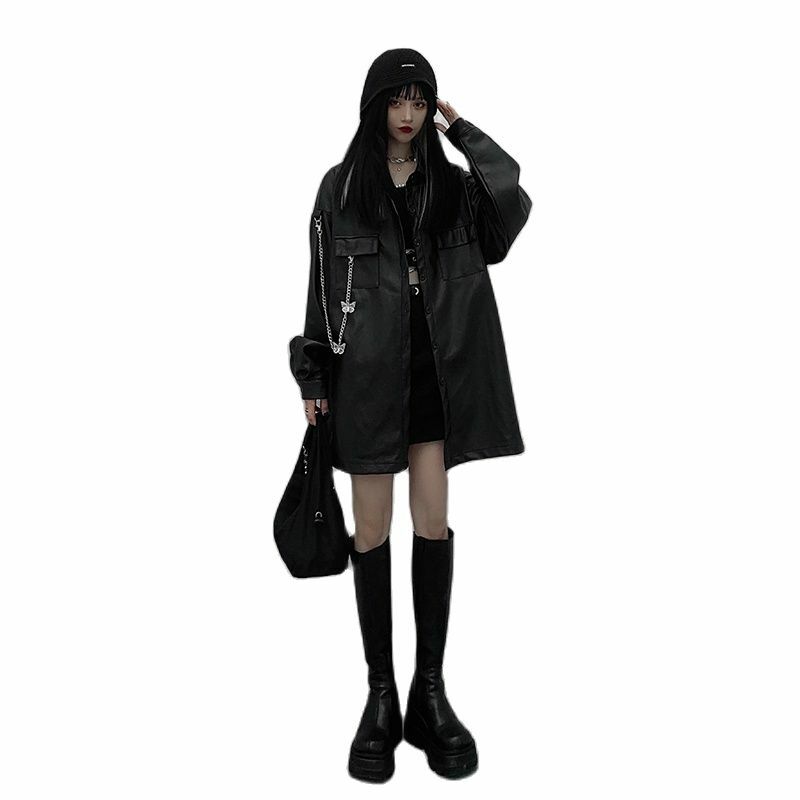 ญี่ปุ่น Casual ผู้หญิงหลวมหนัง Moto แจ็คเก็ต Outerwear สไตล์เกาหลี High Street เสื้อ Chic Streetwear เสื้อแขนยาวสีดำเสื้อ
