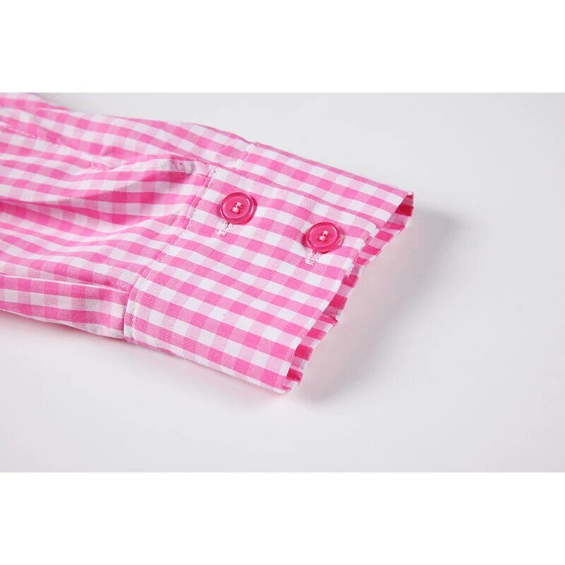 Vintage Elegant Pink Plaid Blouse Women Peter Pan Collar Long Sleeve Button Sweet Lolita Shirt Tops 2021 Mujer Blusas Femme