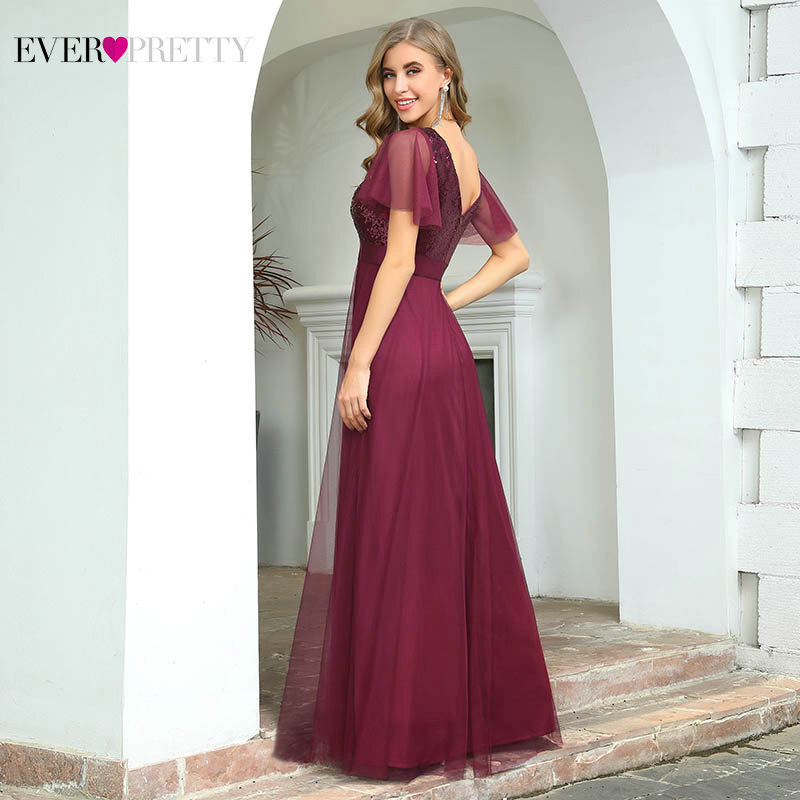 Burgundowe sukienki wizytowe Ever Pretty EP00542 elegancka linia V Neck marszczone rękawy cekinowa długa suknia Vestidos De Noche
