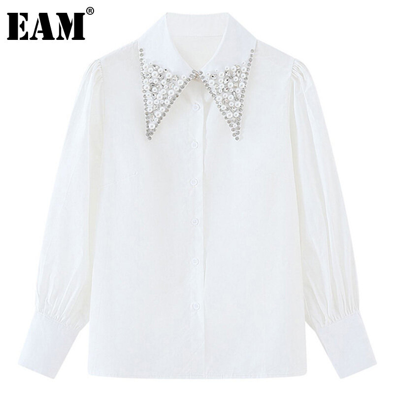 [EAM] kobiety Rhinestone przybity biała bluzka nowa z klapami z długim rękawem luźna koszula moda fala wiosna jesień 2021 1DD4510