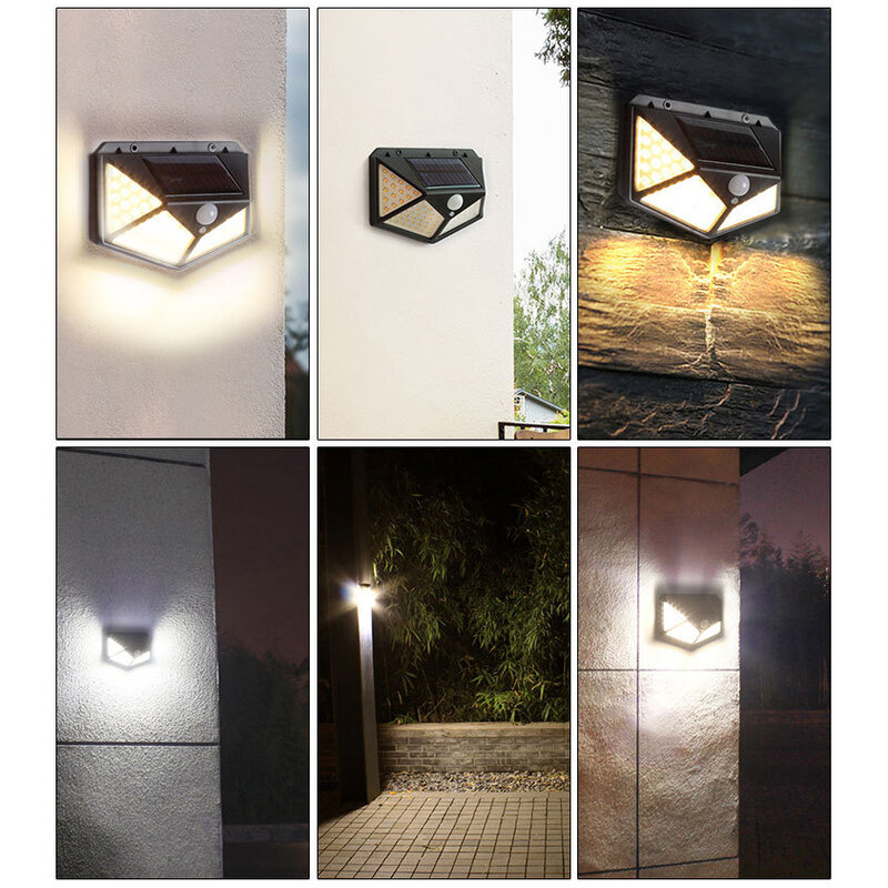Luminária led para área externa à prova d'água, lâmpada 100 de led, luz solar com sensor de movimento pir para parede, jardim, lâmpada com energia solar, decoração de quintal