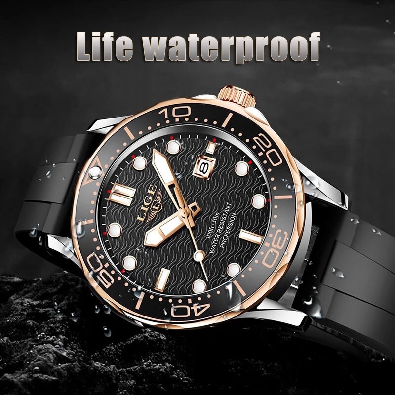 LIGE-reloj analógico con correa de silicona para hombre, accesorio de pulsera de cuarzo resistente al agua con calendario, complemento Masculino deportivo de marca de lujo con diseño moderno, 2021