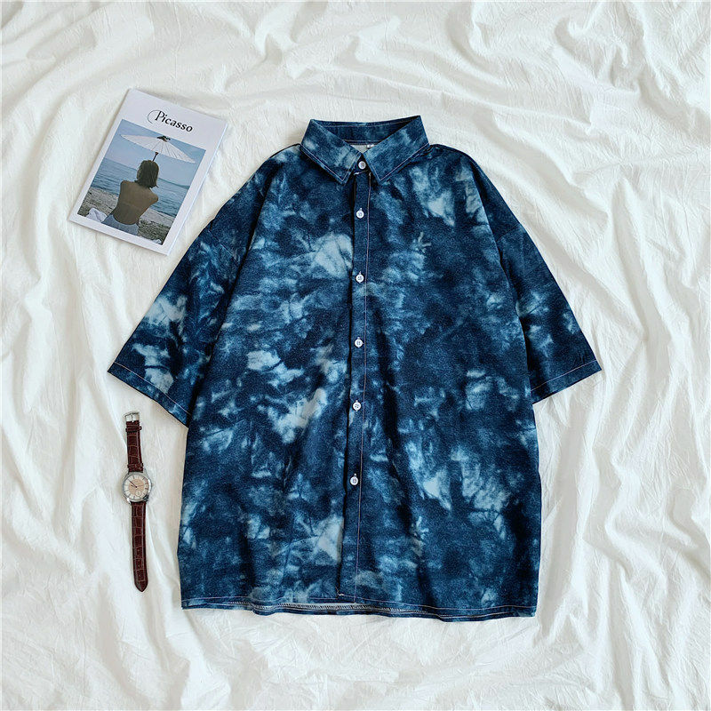 Camisas estampadas unissex de manga curta, camisa azul plus size, 3xl, retrô, solta, feminina, unissex, verão, harajuku, estudante, bf top, hip hop