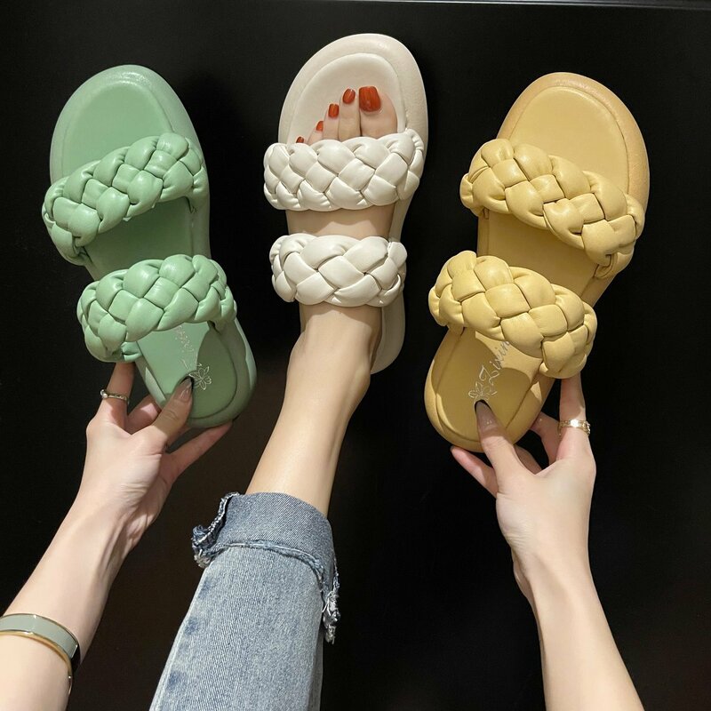 2021 Fashion Summer Women Open Toe Sandals Shoes Candy Woven Leather Female Platform Retro Shoes Flats Beach Flip Flops Slipper