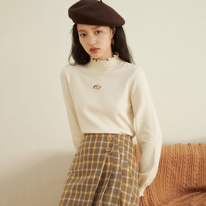 INMAN 여성 스웨터 풀오버 봄 가을 스웨터 플레어 슬리브 곰팡이 칼라 자수 레이디 슬림 니트 탑 한국 패션