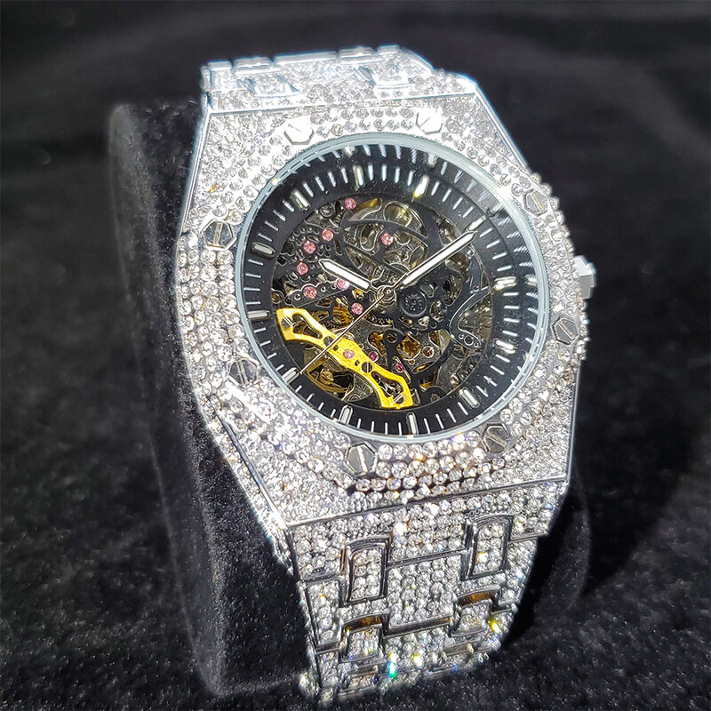 Missfox relógio mecânico de luxo para homens, relógio masculino de marca automático de hip hop missfox, aço inoxidável branco e dourado, original