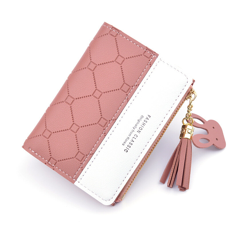 Nowy mały portfel damski krótki zamek błyskawiczny portfel Student koreański tłoczony kolor kontrastowy tassel uniwersalna torba na zmianę
